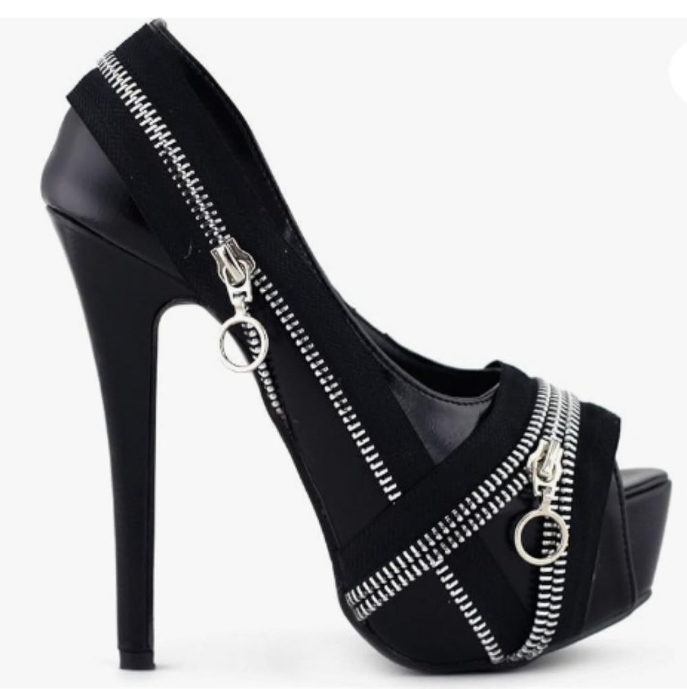SHOW STORY Punk Black Zip Peeptoe Platform High Heel Stiletto Pump new
